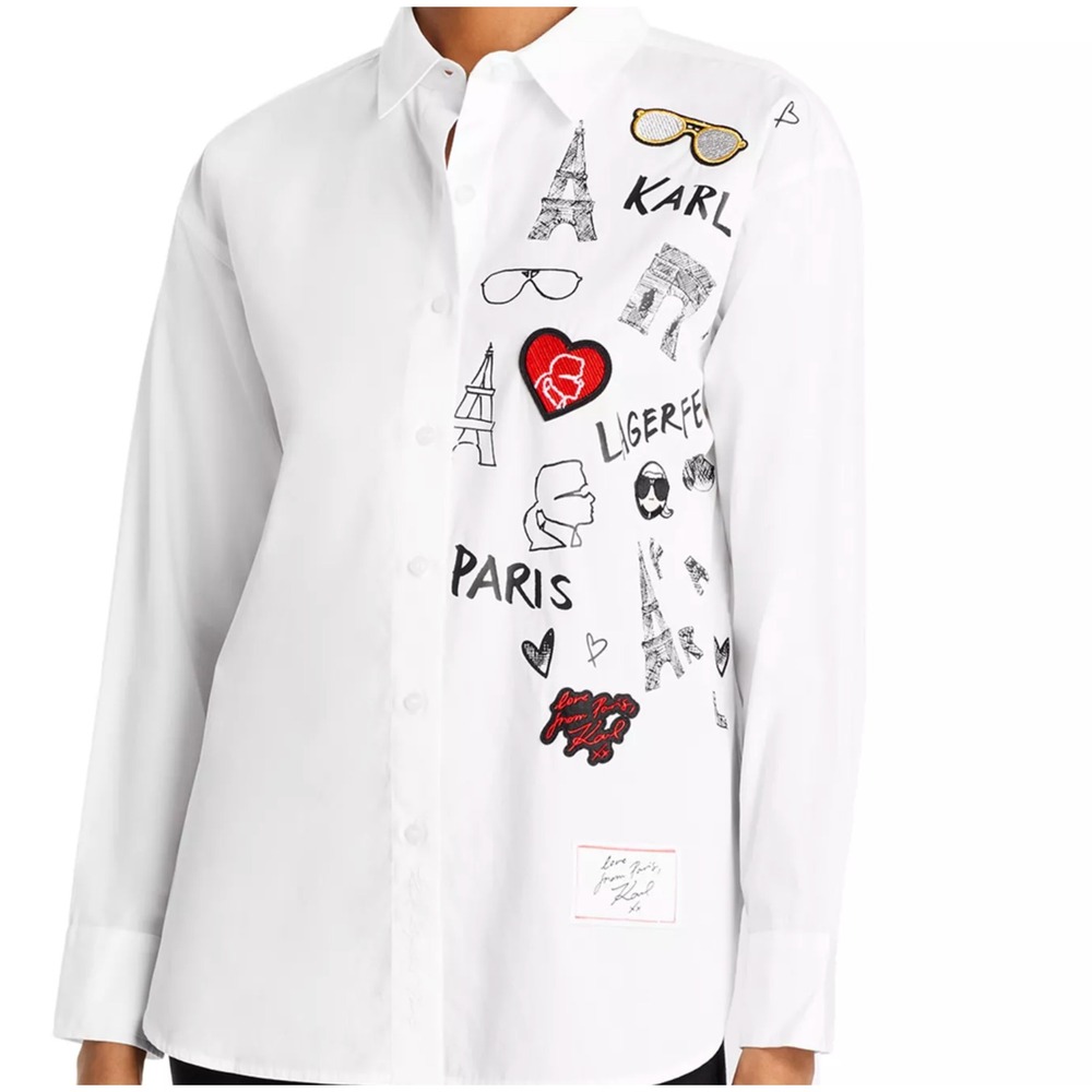 Karl‎ Lagerfeld Paris Cotton Patch Embroidered Paris Eiffel Tower Euro Shirt M